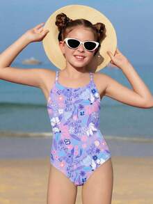 SHEIN 花卉叶子印花连体泳衣，适合青少年女孩，弹力梭织面料，适合海滩和度假游泳。 - 彩色 - 查看 3