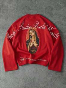 PAVTROS Men's Casual Round Neck Drop Shoulder Short Sleeve T-Shirt With Personalized Fashion Figure Print, Summer - Red - View 7