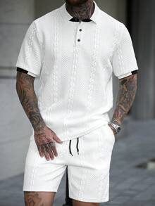 Manfinity CasualCool 男士纹理面料撞色领 Polo 衫套装，适合居家、外出和聚会穿着 - 白色 - 查看 1