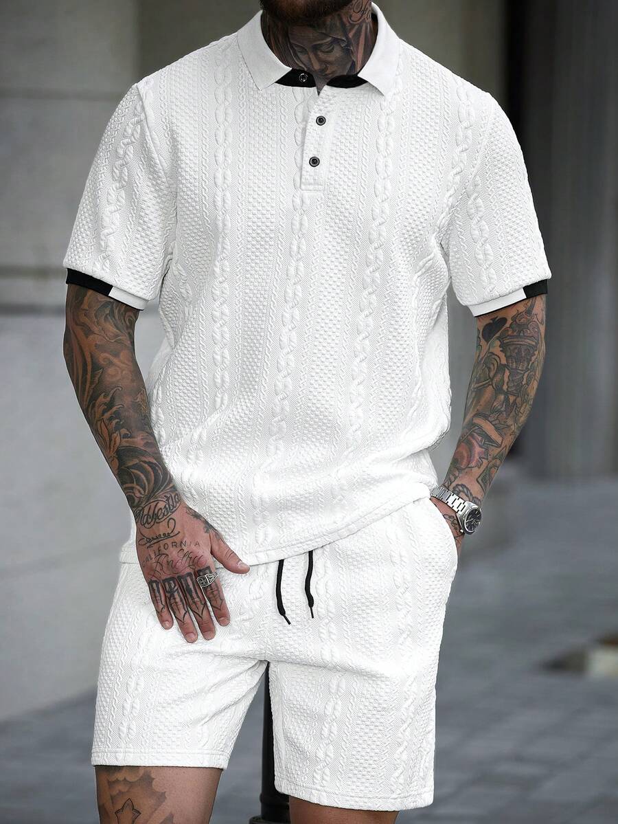 Manfinity CasualCool 男士纹理面料撞色领 Polo 衫套装，适合居家、外出和聚会穿着 - 白色 - 查看 1