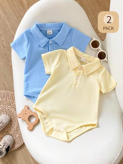 Playful Pals Baby Boy Summer Knitted Romper, Solid Color Short Sleeve Half-Placket Bodysuit 2-Piece Set, Suitable For Casual Wear, Home And Outdoor