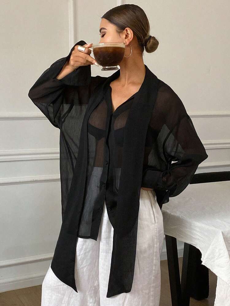 Women's Open Front Sheer Tie Cuff Loose Long Sleeve Casual Elegant Blouse