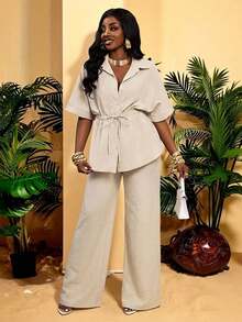 SHEIN VaVaLuxe 2pcs Linen Blend Short Sleeve Tie-Waist Casual Shirt And Elastic Waist Straight Leg Pants Set, Spring/Summer - Apricot - View 6