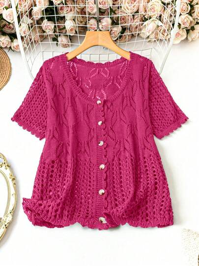 SHEIN LUNE Plus Size Women Solid Color Knitted Round Neck Hollow Out Single-Breasted Short Sleeve Cropped Casual Lightweight Cardigan, Spring/Summer