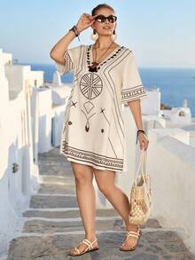 Linhara CURVE Vestido de vacaciones de manga corta con cuello en V y estampado geométrico para mujer de talla grande - Albaricoque - Ver 5