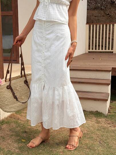 Livesso White Waist Cinched Casual Beach Vacation Hollow Out Mermaid Hem Skirt For Women, Suitable For Spring & Summer, Wedding & Valentine's Day