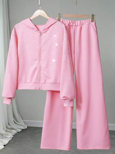 SHEIN Girls' Rhinestone Hooded Sweatshirt Two Pieces Set, Includes Pink Sweatshirt Sweatshirt And Straight Leg Pants, Sweatshirt Decorated With Rhinestones; Made Of Comfortable And Lightweight Fabric, Suitable For Spring And Autumn Wear, Loose And Comfortable Fit, Suitable For Daily School, Casual Gatherings, And Family Outings In The Middle East Region