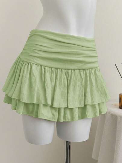 Elamini Beige Pleated High Waist Low Waist Double-Layer Chiffon Skirt, European And American Vacation Style Fairy Short Skirt