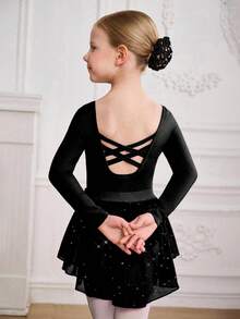 Conjunto de 2 piezas de vestido de ballet transparente con manga larga y dobladillo con lentejuelas para niña joven - Negro - Ver 2