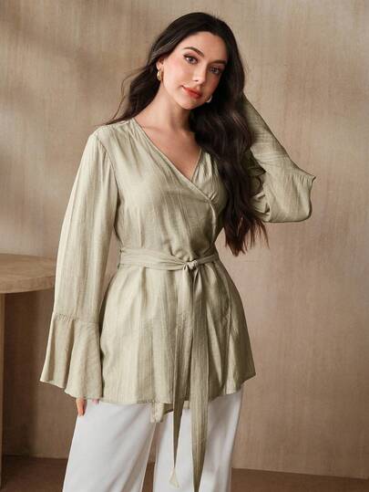 Graceveil Women's Solid Color Wrap Belted Long Sleeve Shirt V Neck Blouses For Women Linen Blouses For Women Wrap Tops For Women Linen Two Piece Set Tunic Blouse