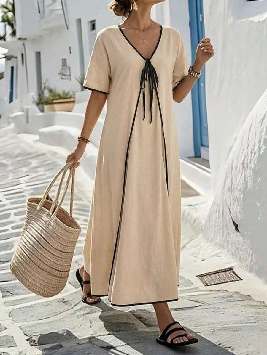 SHEIN Holidaya 女士休闲宽松纯棉V领撞色口袋连衣裙，适合度假穿着 - 杏色 - 查看 1