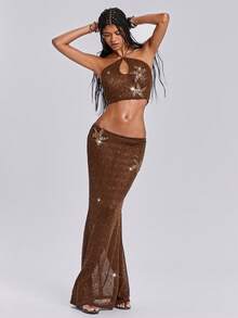 ROMWE 度假风亮片海星图案性感露背系带紧身两件套女装 - 棕色 - 查看 1