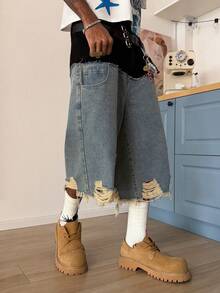 STEELVANCE 男士休闲拼接毛边多色牛仔短裤，街头风 - 彩色 - 查看 3