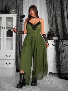 Whyspr Spring/Summer New Dark Gothic Textured Drapey V-Neck Jumpsuit With Ruffle Design, Tie-Up Waist, Pleated Slimming Pants - Dark Green - View 1