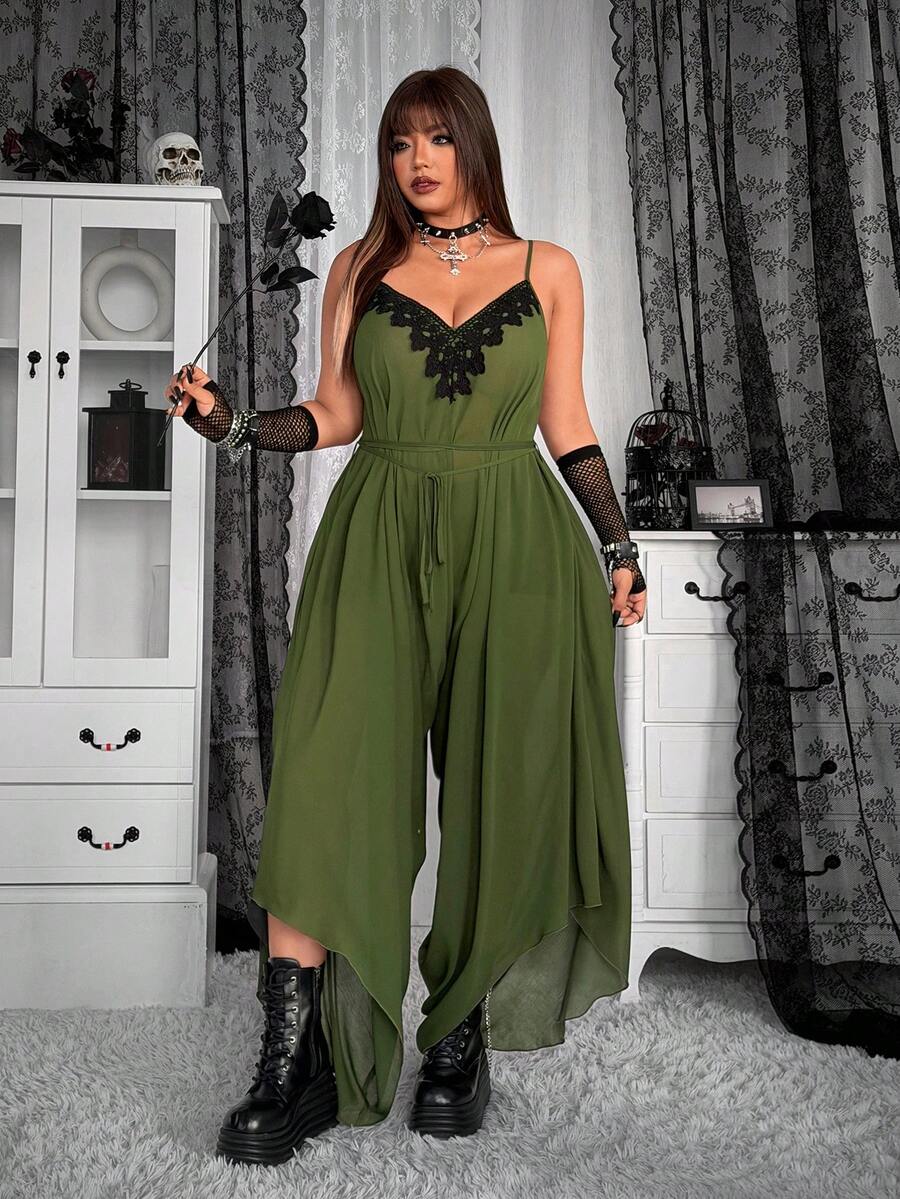 Whyspr Spring/Summer New Dark Gothic Textured Drapey V-Neck Jumpsuit With Ruffle Design, Tie-Up Waist, Pleated Slimming Pants - Dark Green - View 1