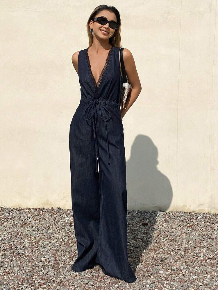Women's V-Neck Lace Patchwork Cinched Waist Wide Leg Jumpsuit, Casual Loose Fit Vacation Style Denim Jumpsuits Summer