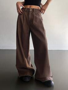 DAZY Women's Regular Waist Pleated Long Loose Casual Jeans - Brown - View 2