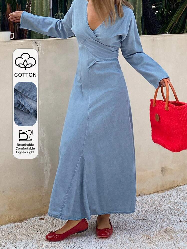 Women's V-Neck Wrap-Style Tie-Up Elegant Long Denim Dress Maxi Dress