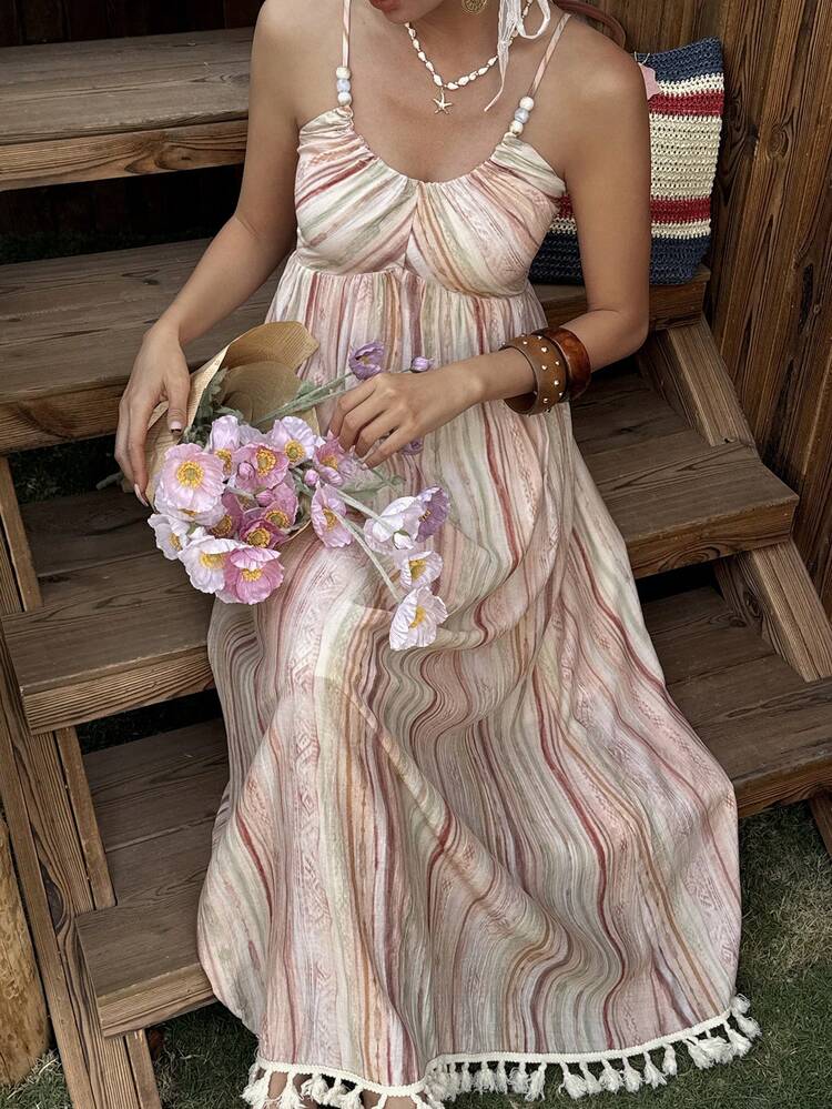 Women's Floral Print Fabric Fringe Patchwork Cinched Waist Dress Boho