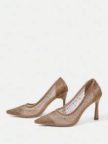 CUCCOO HITCHD Women's Pointed Toe High Heel Shoes, Rhinestone Decor Mesh Fabric, Fashion Comfortable For Daily, Party, Wedding, Slip-On Wedding Shoes Summer Shoes Bride Shoes - Maroon - View 4