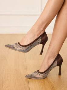 CUCCOO HITCHD Giày cao gót mũi nhọn nữ, chất liệu lưới đính đá, thời trang và thoải mái, phù hợp cho sinh hoạt hàng ngày, dự tiệc, đám cưới, kiểu dáng xỏ chân tiện lợi. - màu nâu - Xem 3