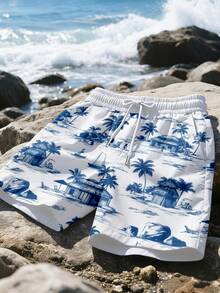 Manfinity Dauomo Pantalones cortos casuales de verano para hombres con estampado total, cintura con cordón - Multicolor - Ver 2