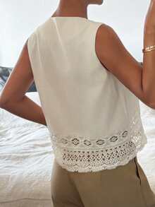 Livesso Women's Hollow Lace Patchwork Loose Business Casual Sleeveless Blazer Vest, Fashionable Office Wear, Spring & Summer - Beige - View 5