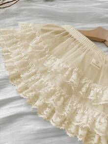 Dazy Kids Young Girl Summer Fashion Casual Vacation Daily Commute Contrast Lace Sheer Mesh A-Line Skirt - Beige - View 4