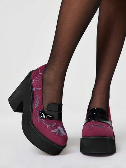 Sugerpunk Zapatos de mujer de moda con tacón grueso - Zapatos casuales de verano de unicolor con bordado de flores, punta redonda, cómodos y sencillos, de fácil deslizamiento