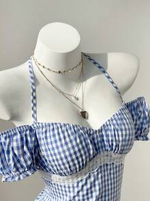 Elamini 2026 Spring/Summer Women's Blue Plaid Sweet Off-Shoulder Petal Sleeve T-Shirt, Fresh And Slimming, Summer Shirt - Multicolor - View 6