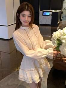 DAZY Women's Elegant Stand Collar Ruffle Sleeve Contrast Lace Blouse And Skirt 2-Piece Set,Cream White Autumn Lounge Sets For Date Commuting Daily Wear - Apricot - View 7