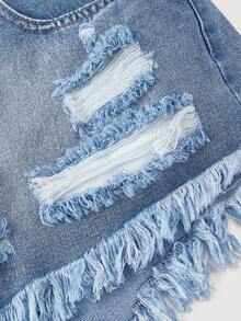 Sweetra Plus Size Distressed Frayed Hem Slant Pocket Casual Denim Shorts - Light Wash - View 4