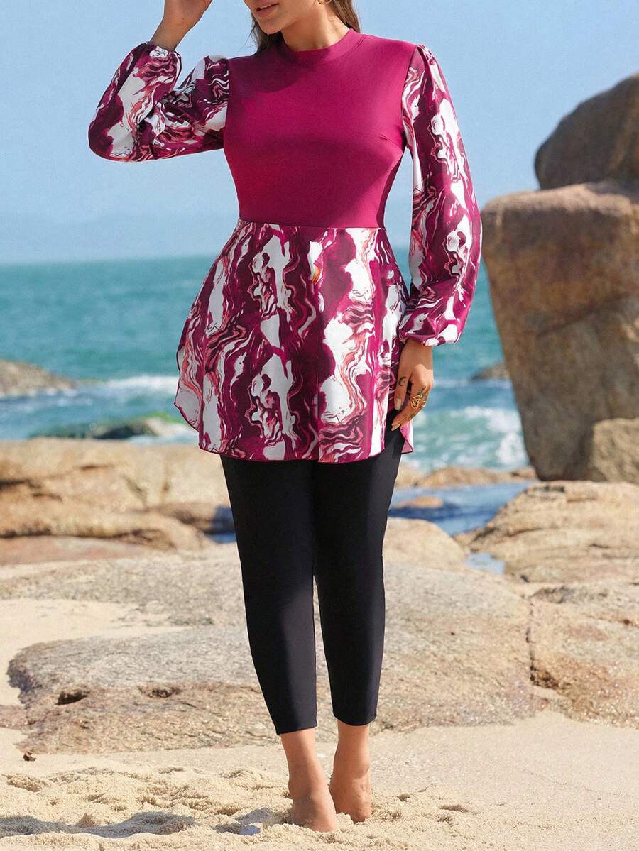 Swim Shayni Damen Große Größen Set aus Langarm Top mit gewölbtem Saum und bedrucktem Muster und einfarbiger Leggings - Verschiedenfarbig - Übersicht 1