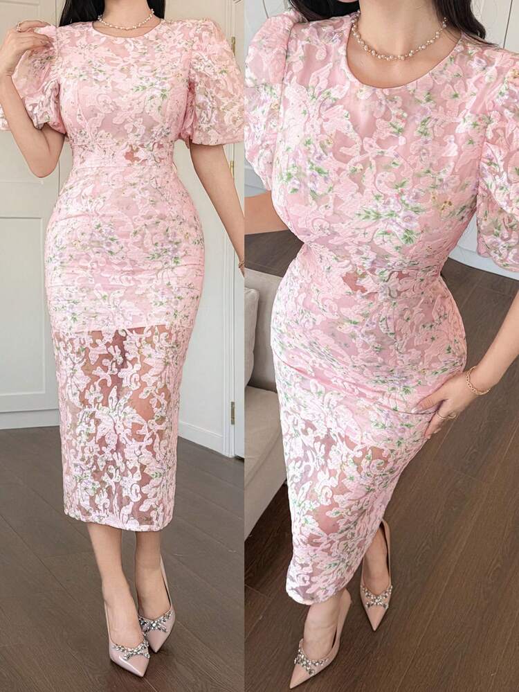 Women's Elegant Floral Puff Sleeve Dress, Summer Wedding Guest Dress Sundress