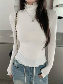 DAZY Áo thun cổ lọ tay dài dáng ôm màu trơn mới cho nữ mùa thu - trắng - Xem 9