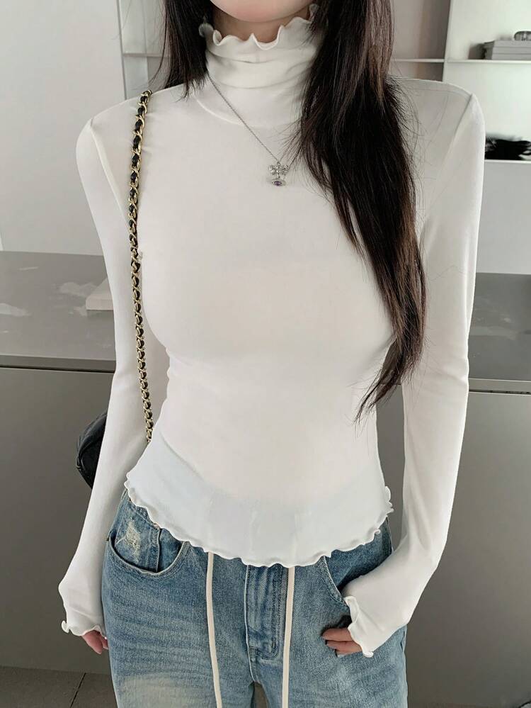 New Autumn Ladies Solid Color Frill Trim Turtleneck Long Sleeve Slim Fit T-Shirt