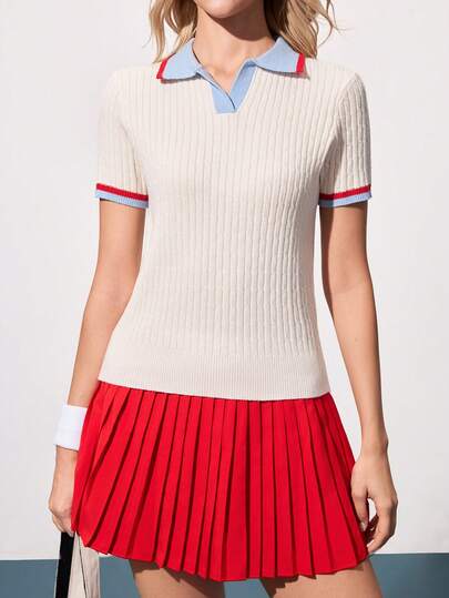 Polo de punto de cable de color contrastante para mujer, suéter de manga corta versátil y de moda