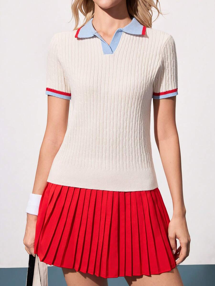 Women's Contrast Color Cable Knit Polo Shirt, Fashionable Versatile Short Sleeve Sweater - Multicolor - View 1