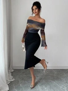 Modelyn Knitted Tie Dye Print Elastic Mesh Splice Solid Black Off Shoulder Long Sleeve Fitted Bodycon Party Graduation Elegant Fashionable Dress, Autumn - Black - View 4