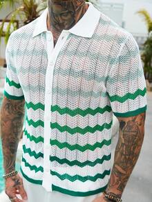 Manfinity RSRT 男士条纹短袖前开襟休闲镂空针织上衣 - 白色 - 查看 3