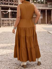LanaWest CURVE Vestido de verano con cuello de camisa, plisado, bolsillo y cintura ceñida para mujer de talla grande, adecuado para vacaciones, festivales de música y estilo boho occidental - Óxido marrón - Ver 2