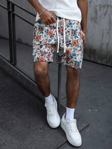 Manfinity Homme 1件男士街頭風花卉提花短褲，抽繩休閒夏威夷米色夏季波希米亞沙灘度假短褲，百搭舒適禮物 - 彩色 - 查看 4
