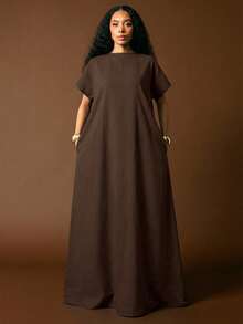 Vixey Cuffed Drop Shoulder Sleeve Deep Open V Neck Back Maxi Denim Dress - Brown - View 3