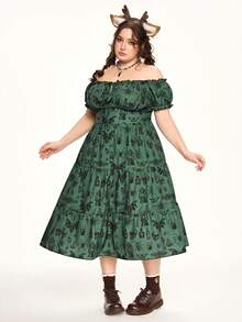 ROMWE Fairycore 大码复古浪漫深色飞蛾印花露肩泡泡袖女式连衣裙 - 墨綠色 - 查看 7