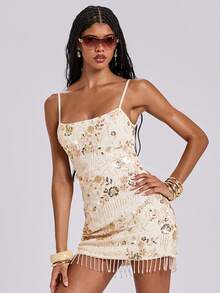 ROMWE Đầm ngắn hở lưng hai dây, thêu đính cườm, thích hợp cho kỳ nghỉ hè của nữ. - Màu be - Xem 1