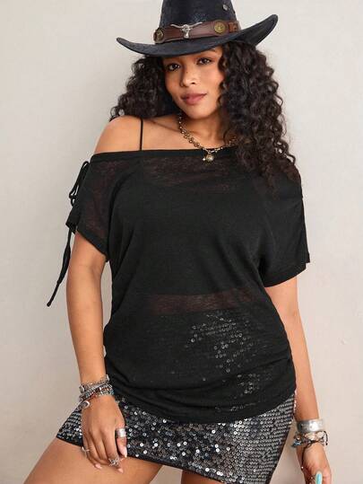 Freevana Plus Size Bohemian Black Asymmetric-Shoulder Short Sleeve Casual Loose Knit Top, Versatile Summer Wear
