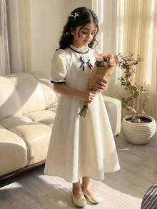 Đầm thanh lịch dáng rộng, cổ đứng, tay raglan cho bé gái - Màu be - Xem 3