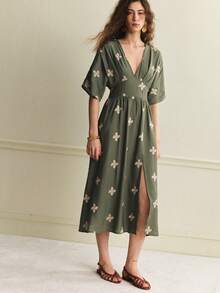 Écloséra 女士优雅刺绣连衣裙，法式复古风中长连衣裙，春夏款 - 軍綠色 - 查看 4