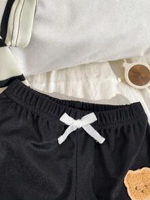 SHEIN Playful Pals 两件套幼儿男童休闲条纹拼接小熊图案短袖圆领T恤和松紧腰裤，适合儿童日常休闲穿着，男童套装，秋季款，适合3岁男童，婴幼儿男童服装，秋季款 - 黑色 - 查看 5