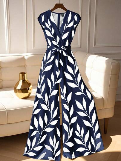 GlowEve CURVE Women's Spring/Summer Navy Blue And White Leaf Print Wide-Leg Jumpsuit, V-Neck, Sleeveless, Waist-Defining, Tie-Waist Design, Elegant For Commuting And The Workplace